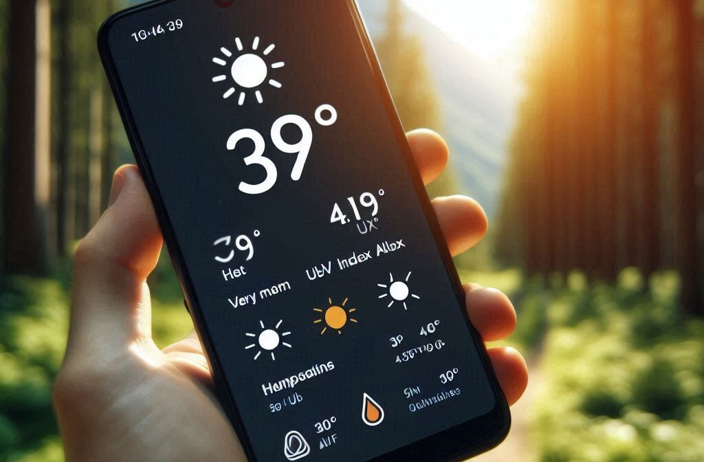 Phone showing weather app with heat advisory and high UV index alert