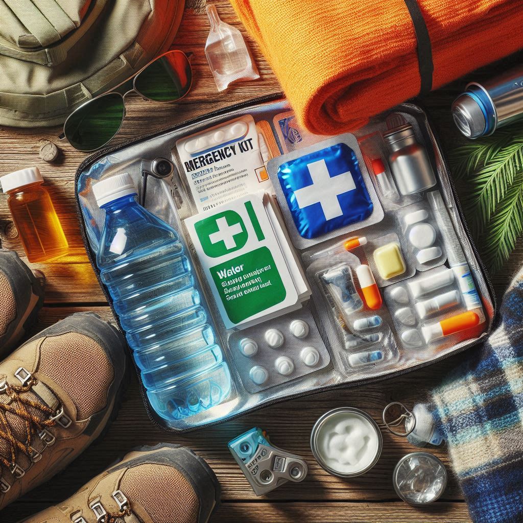 Summer hiking emergency kit including first aid supplies, space blanket, and water tablets